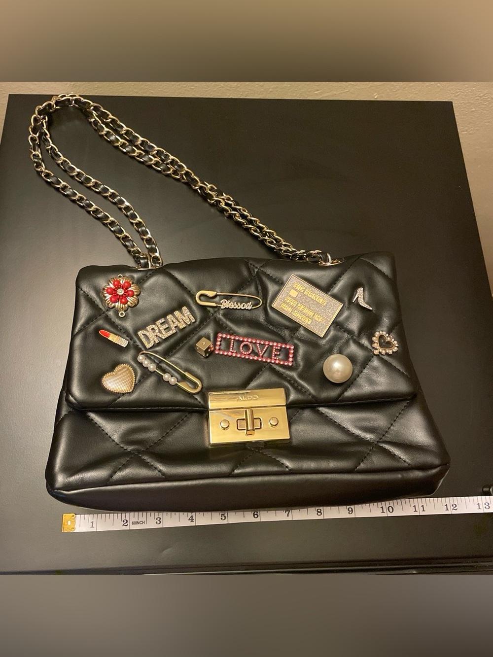 Aldo Black Quilted Shoulder Bag with Chain Strap and Pin Charms